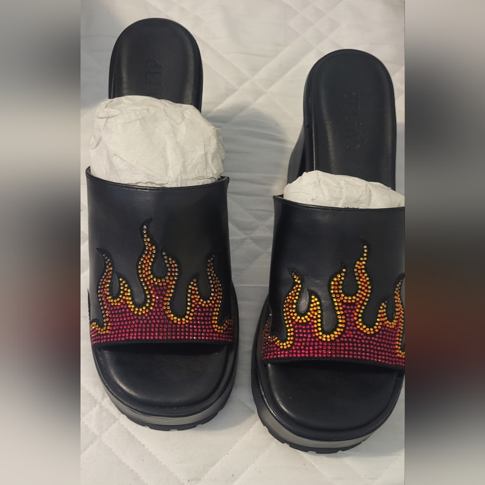 Black and Red Flame Mules with Rhinestone Embellishments